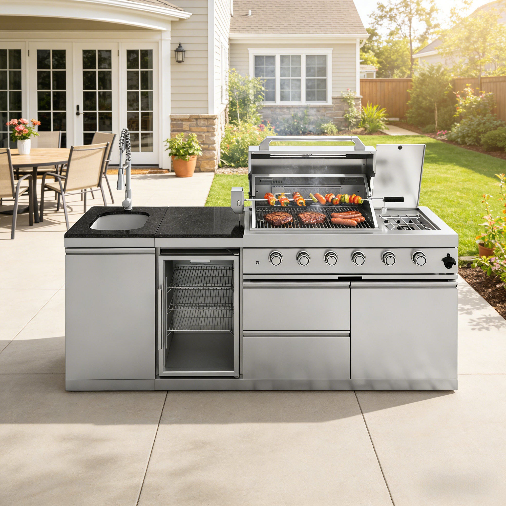 S00049 NG 85-Inch 4-Burner 72000 BTU Deluxe Stainless Steel Gas Outdoor Kitchen Bar Barbecue Island Grill Wine Cooler Compact Refrigerator Rotisserie kit Granite Countertops Stainless steel Sink