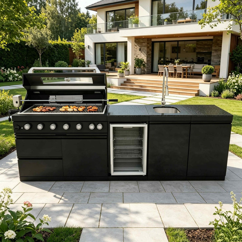 101-Inch 4-Burner 72000 BTU Deluxe Stainless Steel Gas Outdoor Kitchen Bar Barbecue Island Grill + Wine Cooler Compact Refrigerator + Rotisserie kit + Granite Countertops + Stainless steel Sink