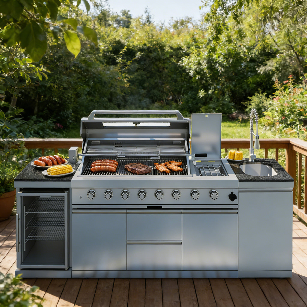 96-Inch 6-Burner 85000 BTU Deluxe Stainless Steel Gas Outdoor Kitchen Bar Barbecue Island Grill  + Wine Cooler Compact Refrigerator + Rotisserie + Granite Countertops + Storage Cabinets & Drawers