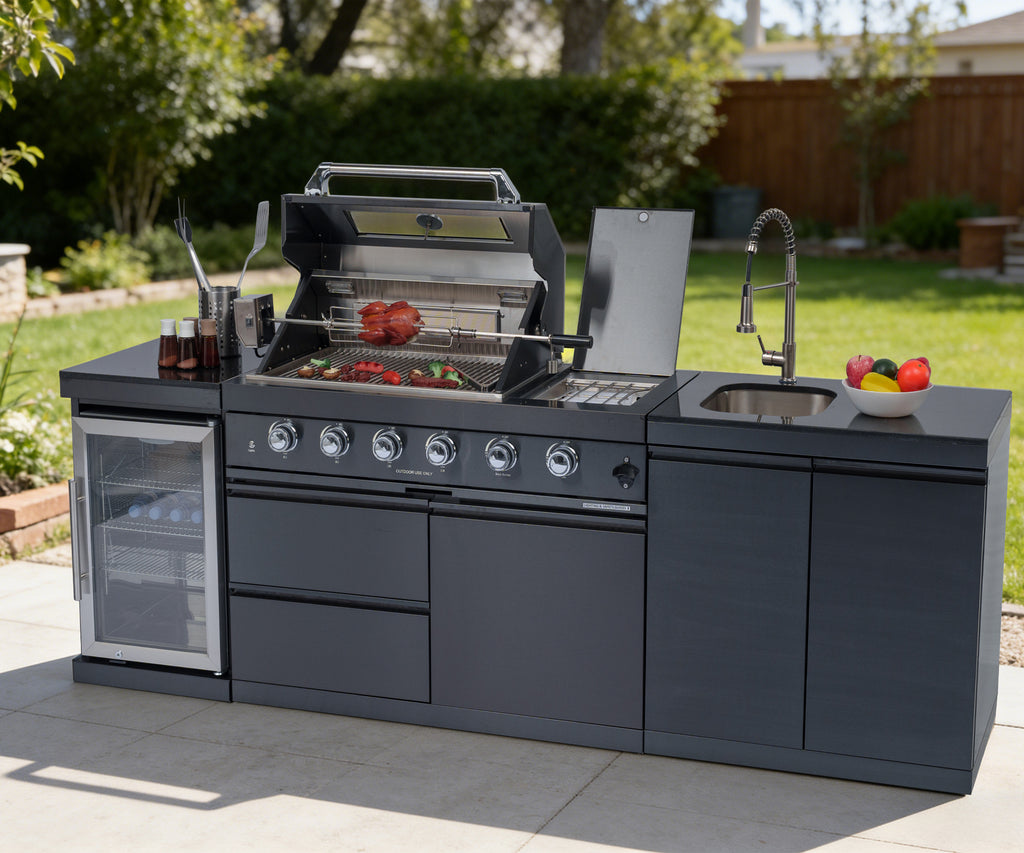 S00019 NG 46-Inch 4-Burner 72000 BTU Deluxe Stainless Steel Gas Outdoor Kitchen Bar Barbecue Island Grill Wine Cooler Compact Refrigerator Rotisserie kit Granite Countertops Stainless steel Sink