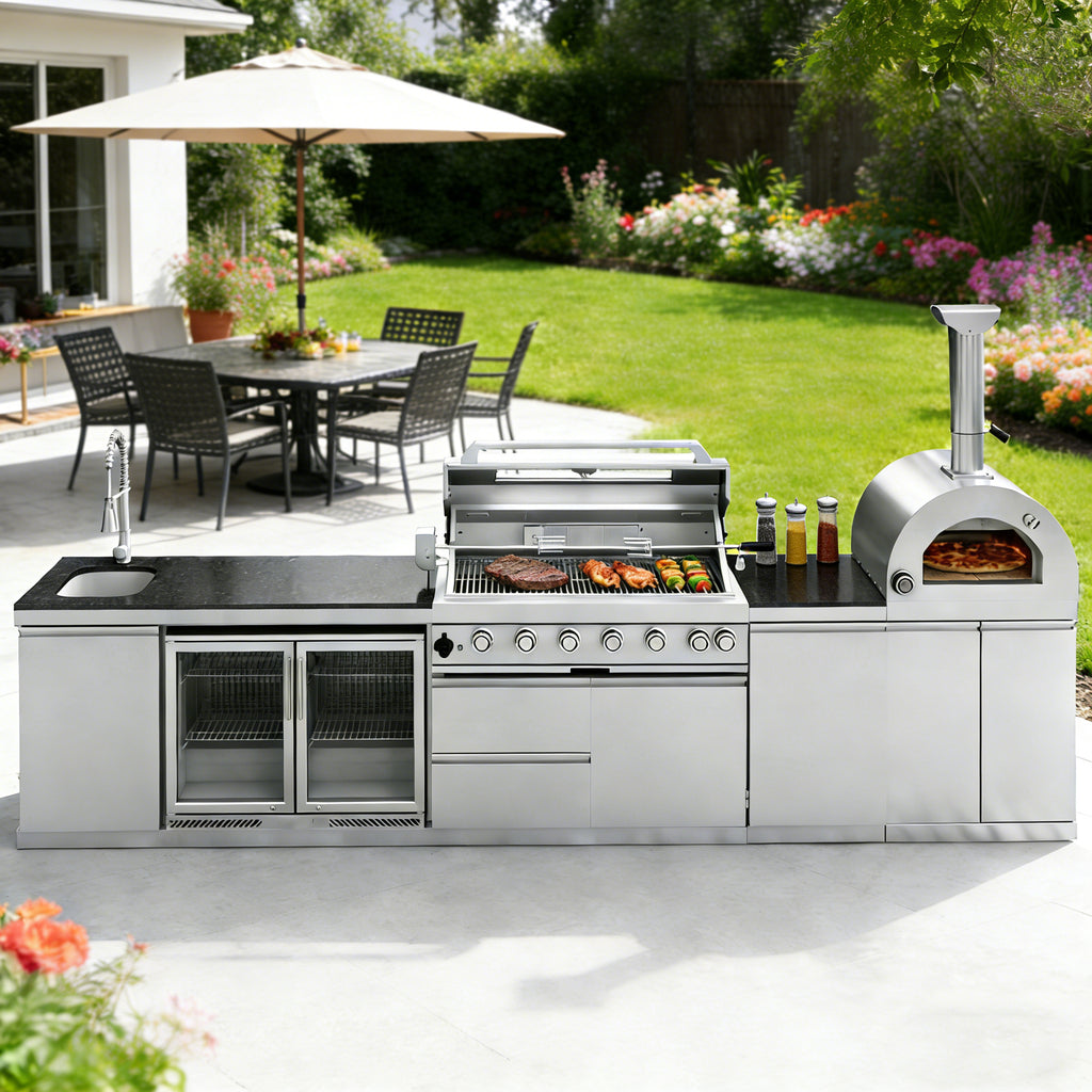 147-Inch 120000- BTU Double Stainless Steel Gas Outdoor Kitchen Bar Barbecue Island Grill+ Pizza oven + Wine Cooler Compact Refrigerator + Rotisserie + Granite Countertops + Storage Cabinets & Drawers