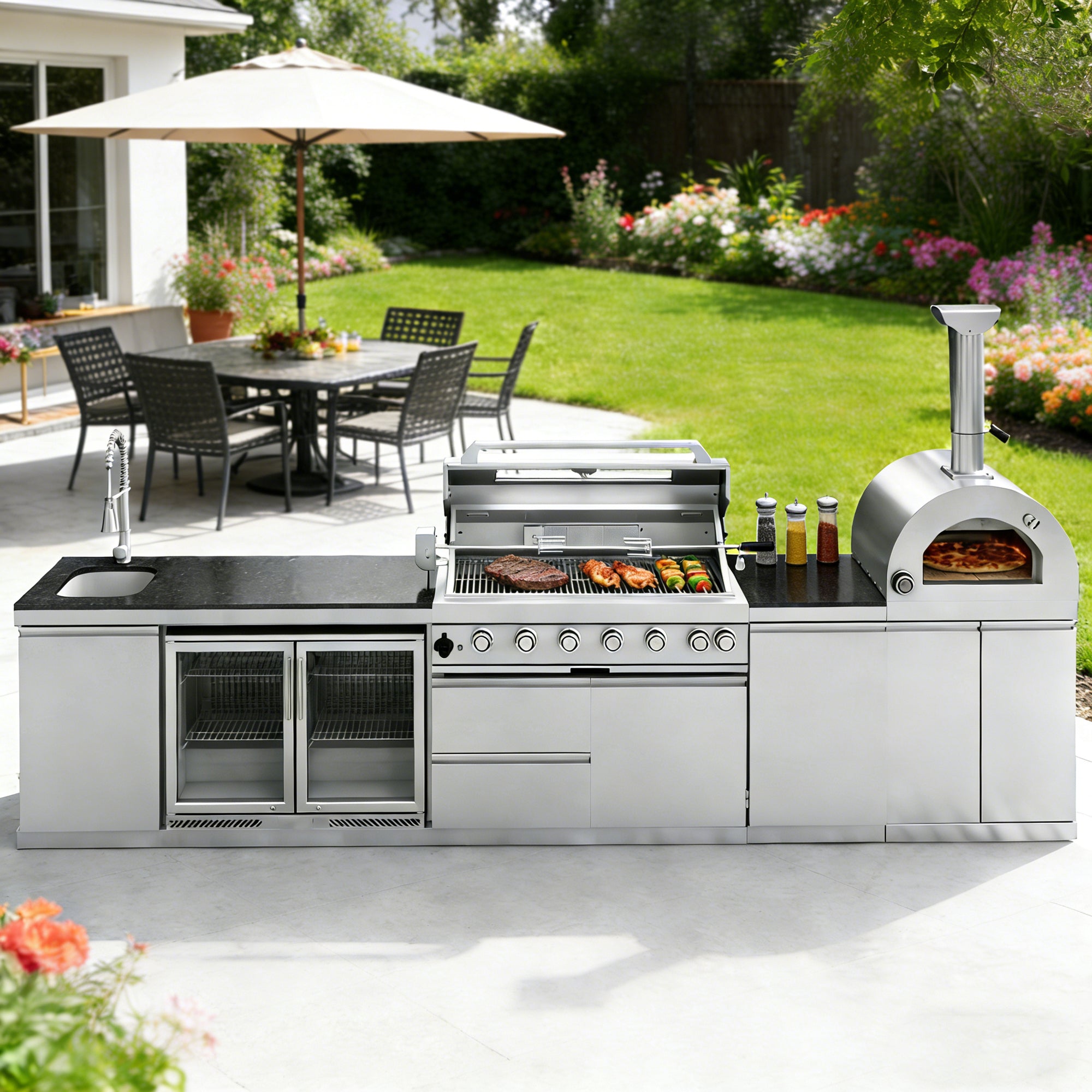 147-Inch 120000- BTU Double Stainless Steel Gas Outdoor Kitchen Bar Barbecue Island Grill+ Pizza oven + Wine Cooler Compact Refrigerator + Rotisserie + Granite Countertops + Storage Cabinets & Drawers