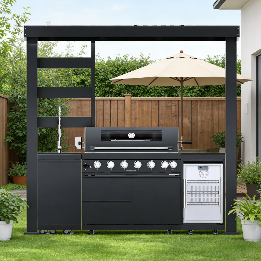 94-Inch 6-Burner 85000 BTU Deluxe Stainless Steel Gas Outdoor Kitchen Bar Barbecue Island Grill  + Wine Cooler Compact Refrigerator + Rotisserie + Granite Countertops + Storage Cabinets & Drawers
