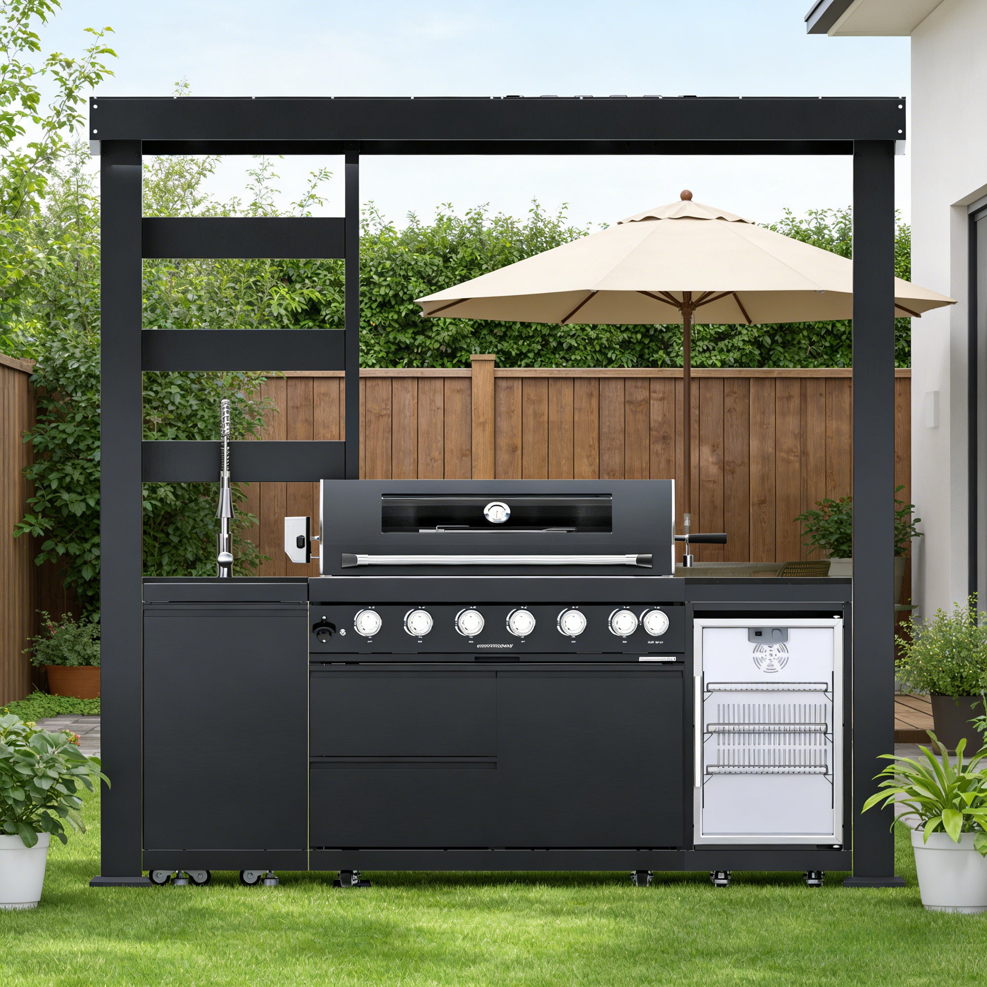 94-Inch 6-Burner 85000 BTU Deluxe Stainless Steel Gas Outdoor Kitchen Bar Barbecue Island Grill  + Wine Cooler Compact Refrigerator + Rotisserie + Granite Countertops + Storage Cabinets & Drawers
