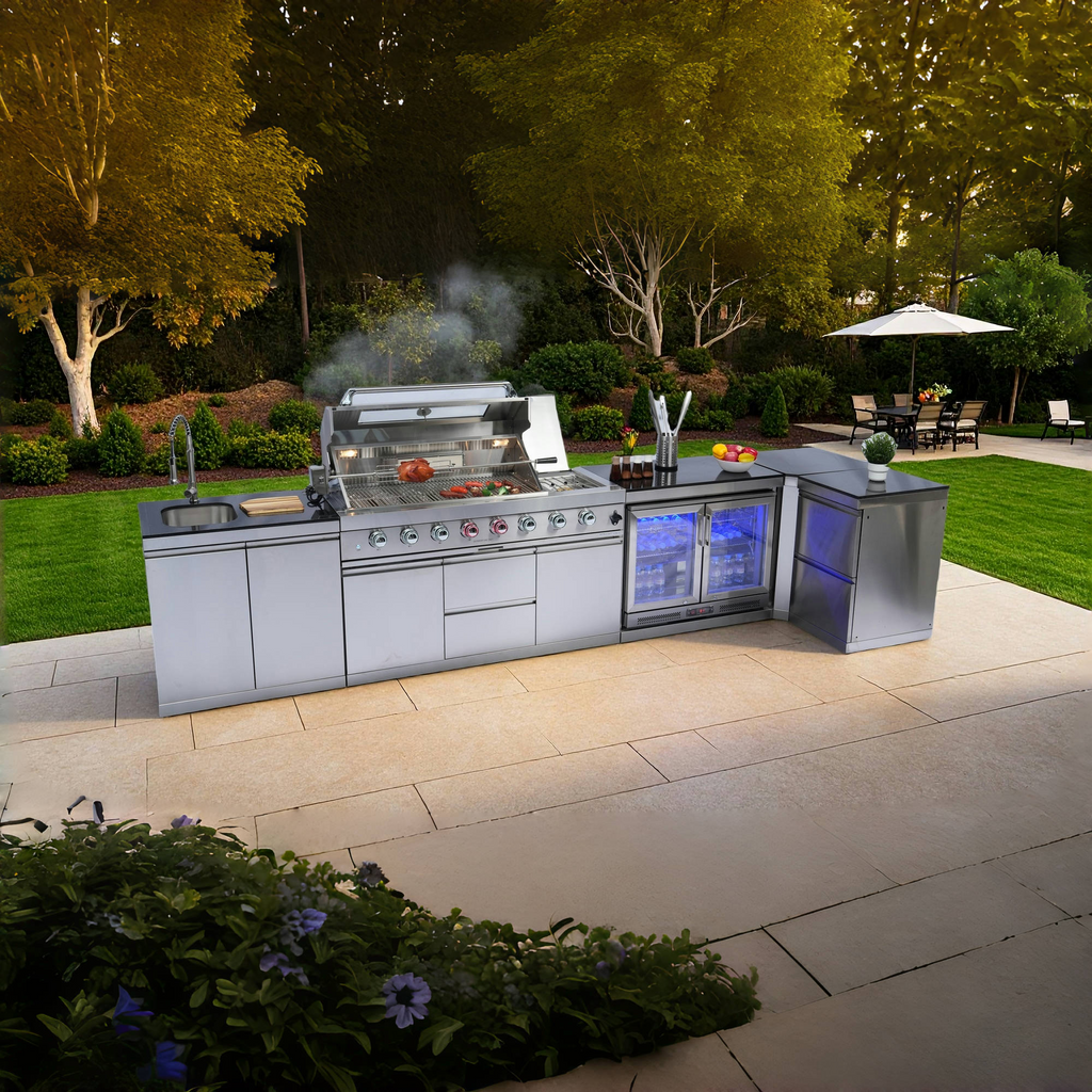 58-Inch 6-Burner 96000 BTU Deluxe Stainless Steel Gas Outdoor Kitchen Bar Barbecue Island Grill  + Wine Cooler Compact Refrigerator + Rotisserie + Granite Countertops + Storage Cabinets & Drawers