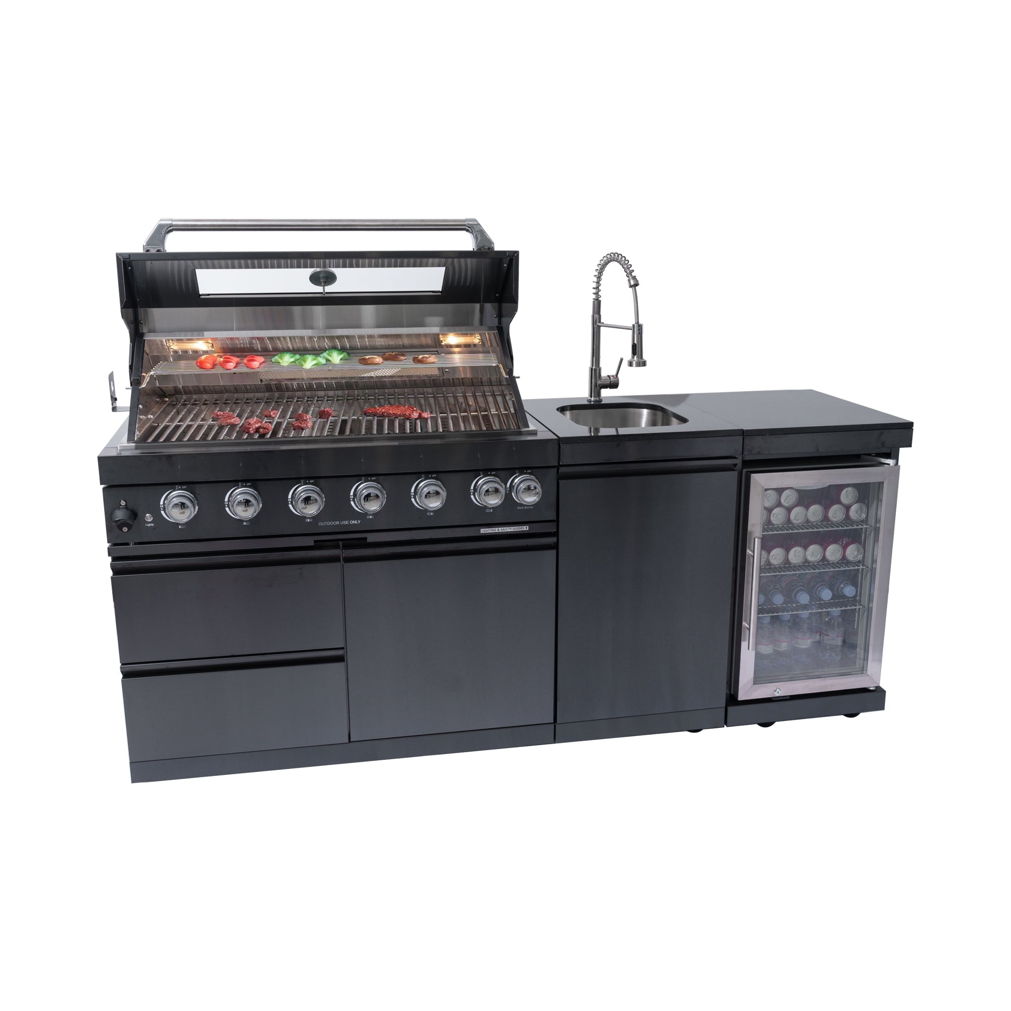 S00002 NG 43-Inch 6-Burner 85000 BTU Deluxe Stainless Steel Gas Outdoor Kitchen Bar Barbecue Island Grill Wine Cooler Compact Refrigerator Rotisserie kit Granite Countertops Stainless steel Sink