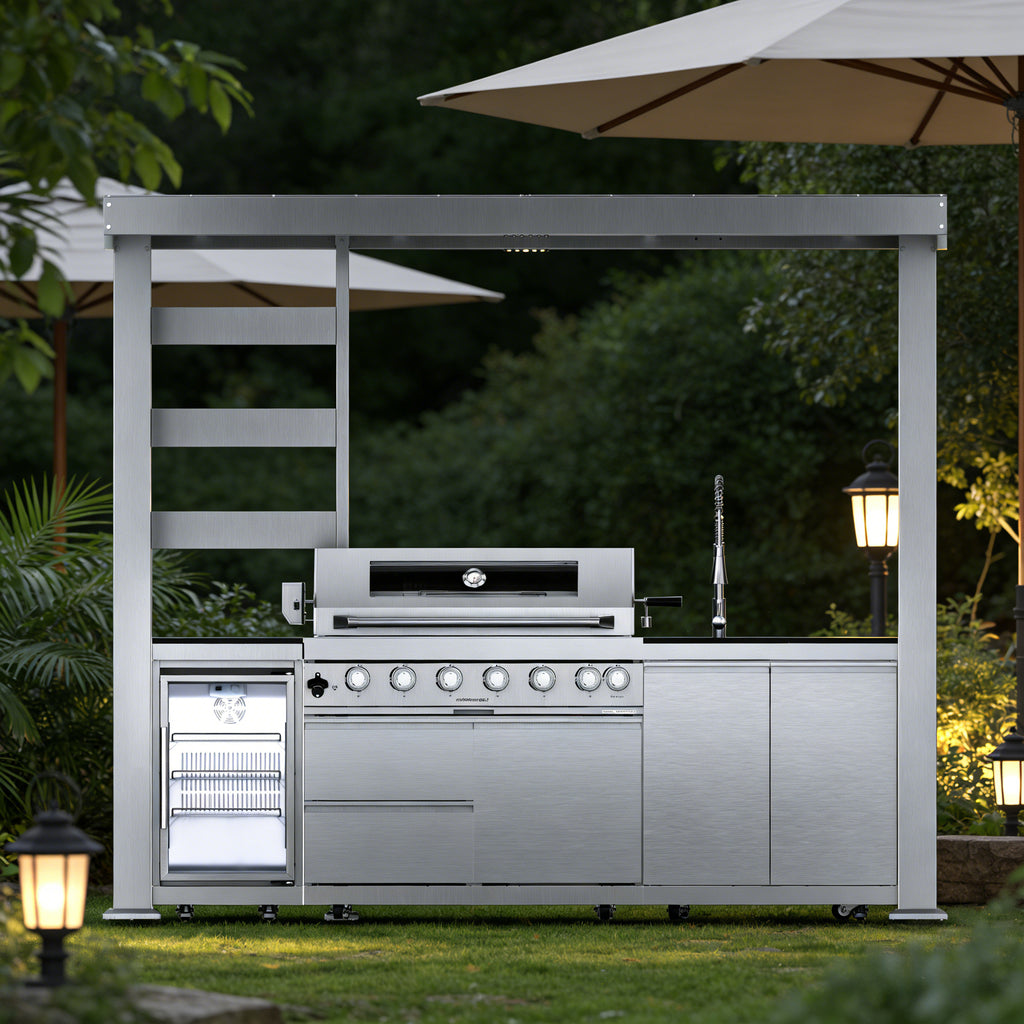 NG -108-Inch 6-Burner 85000 BTU Deluxe Stainless Steel Gas Outdoor Kitchen Bar Barbecue Island Grill  + Wine Cooler Compact Refrigerator + Rotisserie + Granite Countertops + Storage Cabinets & Drawers