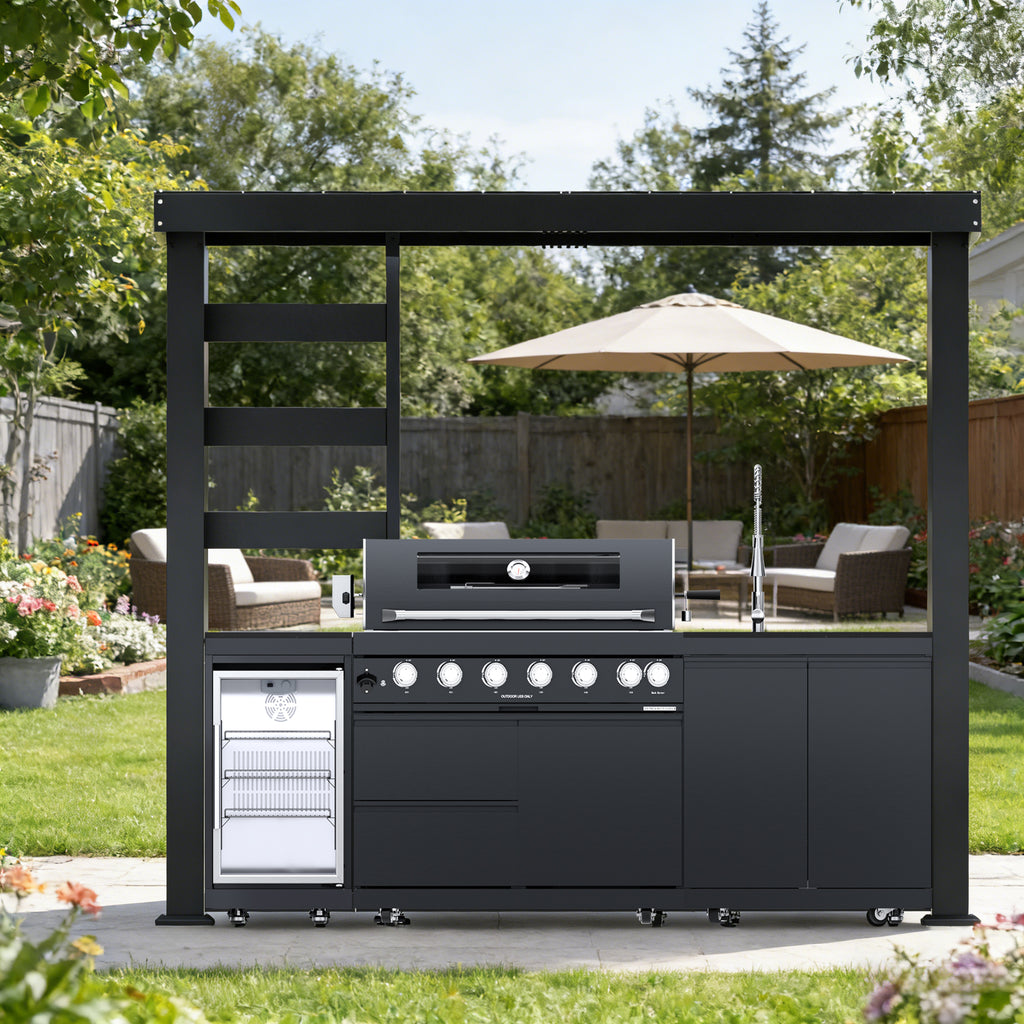 108-Inch 6-Burner 85000 BTU Deluxe Stainless Steel Gas Outdoor Kitchen Bar Barbecue Island Grill  + Wine Cooler Compact Refrigerator + Rotisserie + Granite Countertops + Storage Cabinets & Drawers