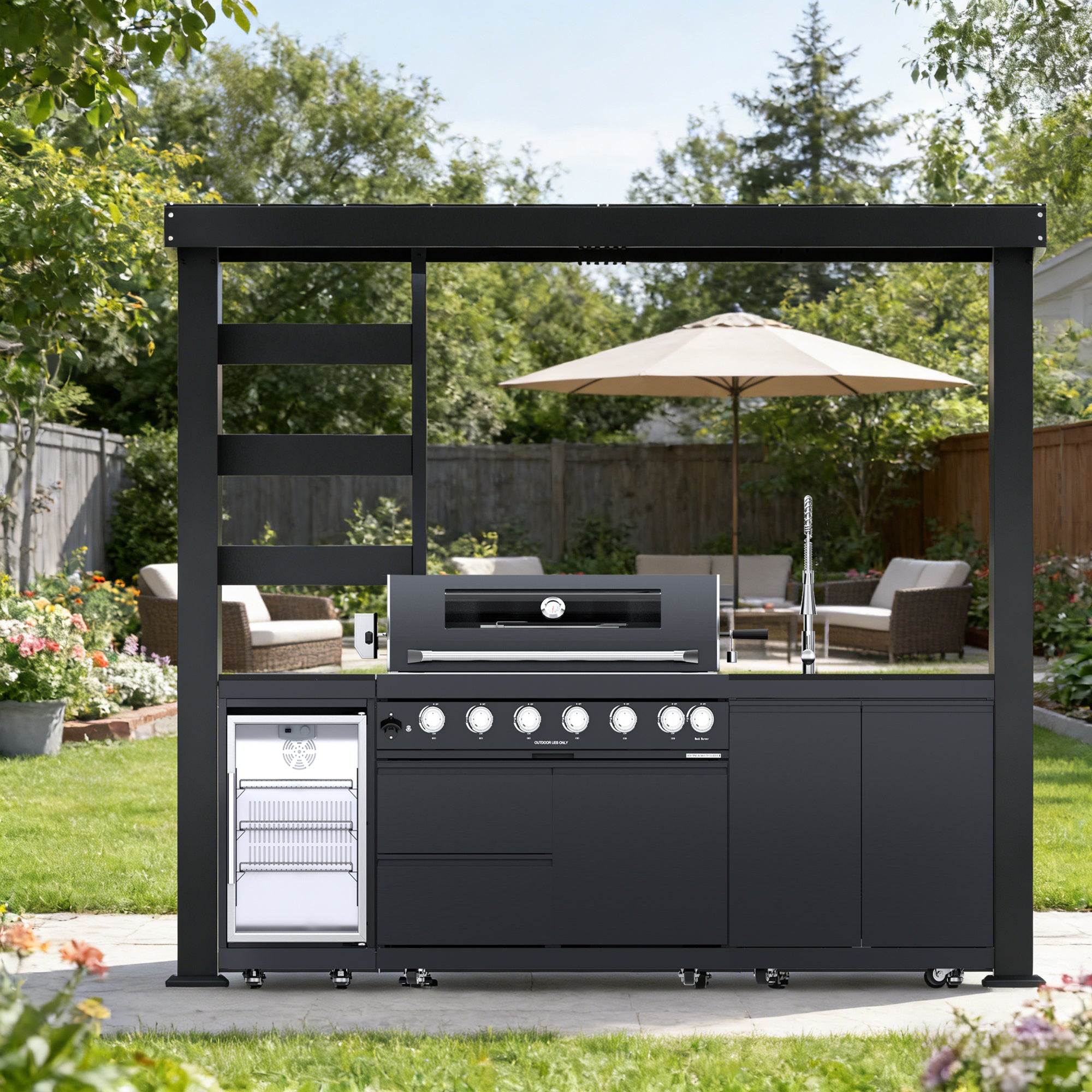 108-Inch 6-Burner 85000 BTU Deluxe Stainless Steel Gas Outdoor Kitchen Bar Barbecue Island Grill  + Wine Cooler Compact Refrigerator + Rotisserie + Granite Countertops + Storage Cabinets & Drawers