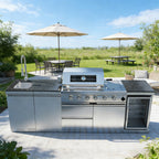46-Inch 4-Burner 72000 BTU Deluxe Stainless Steel Gas Outdoor Kitchen Bar Barbecue Island Grill  + Wine Cooler Compact Refrigerator + Rotisserie + Granite Countertops + Storage Cabinets & Drawers