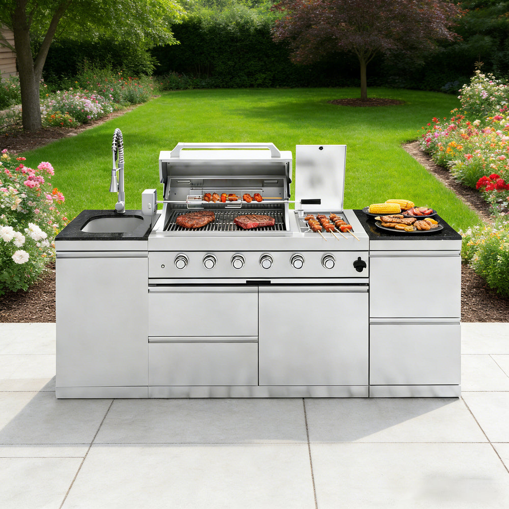 85-Inch 4-Burner 72000 BTU Deluxe Stainless Steel Gas Outdoor Kitchen Bar Barbecue Island Grill + Wine Cooler Compact Refrigerator + Rotisserie kit + Granite Countertops + Stainless steel Sink
