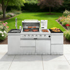 85-Inch 4-Burner 72000 BTU Deluxe Stainless Steel Gas Outdoor Kitchen Bar Barbecue Island Grill + Wine Cooler Compact Refrigerator + Rotisserie kit + Granite Countertops + Stainless steel Sink