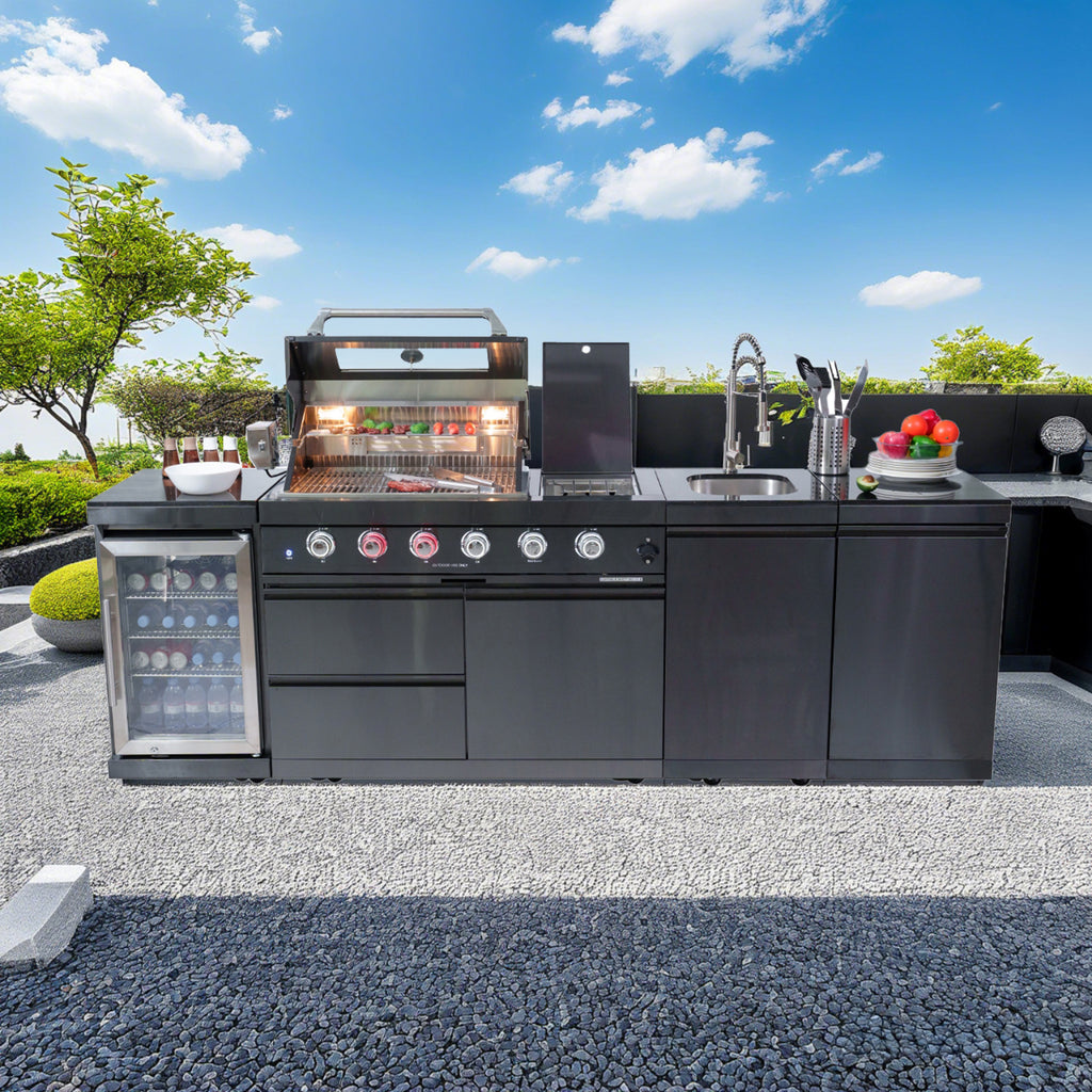 S00032 NG 46-Inch 4-Burner 72000 BTU Deluxe Stainless Steel Gas Outdoor Kitchen Bar Barbecue Island Grill Wine Cooler Compact Refrigerator Rotisserie kit Granite Countertops Stainless steel Sink