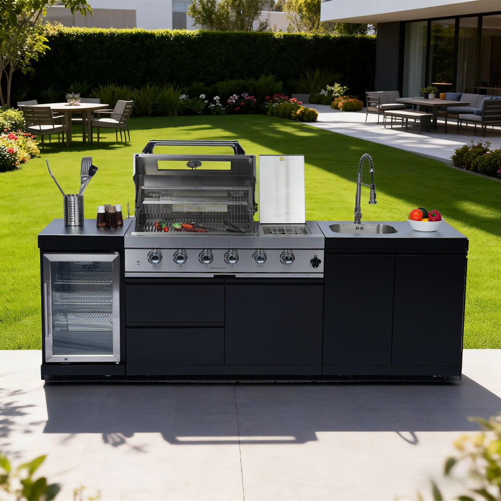 98-Inch 4-Burner 72000 BTU Deluxe Stainless Steel Gas Outdoor Kitchen Bar Barbecue Island Grill  + Wine Cooler Compact Refrigerator + Rotisserie + Stainless Steel Countert + Storage Cabinets & Drawers