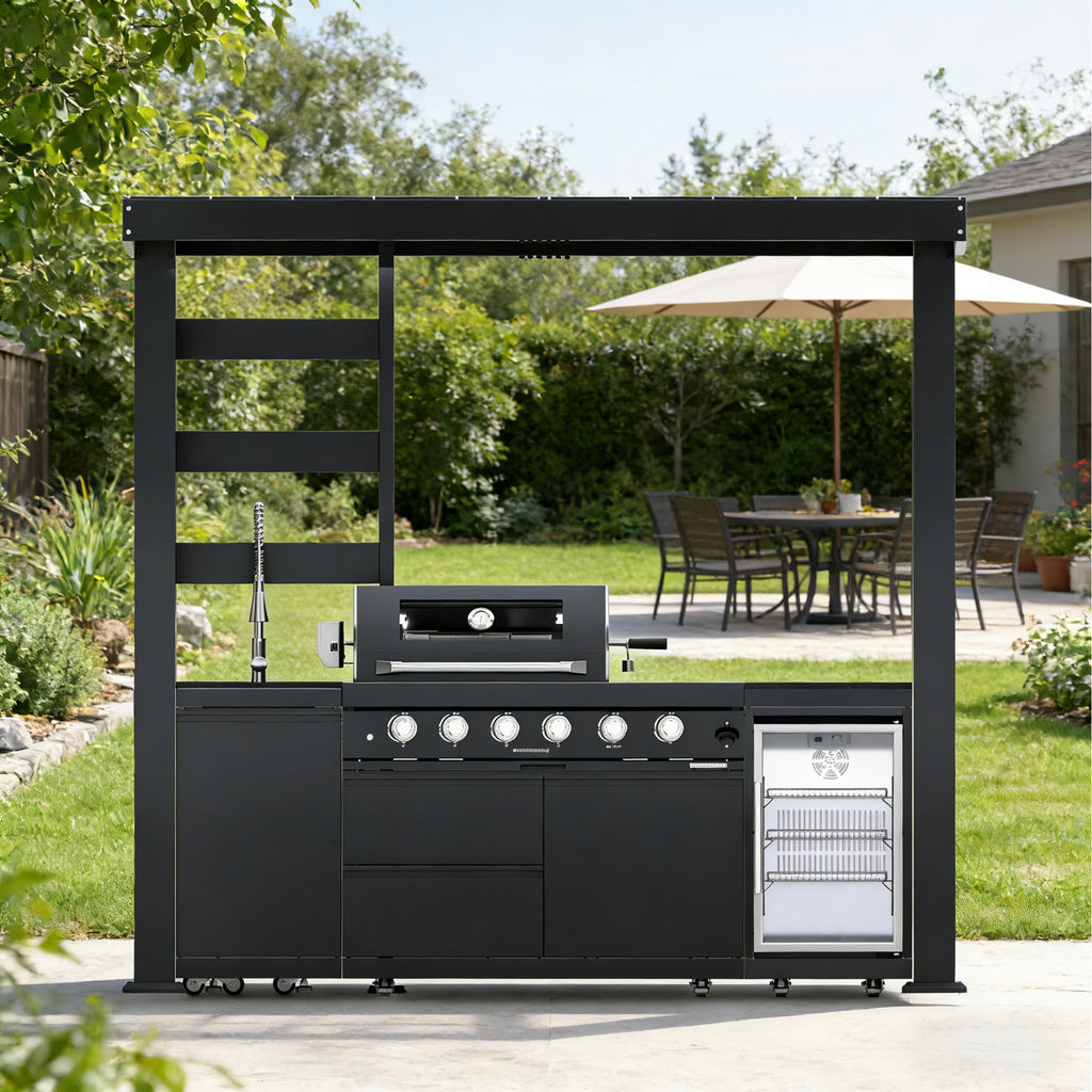 NG - 97-Inch 4-Burner 72000 BTU Deluxe Stainless Steel Gas Outdoor Kitchen Bar Barbecue Island Grill  + Wine Cooler Compact Refrigerator + Rotisserie + Granite Countertops + Storage Cabinets & Drawers