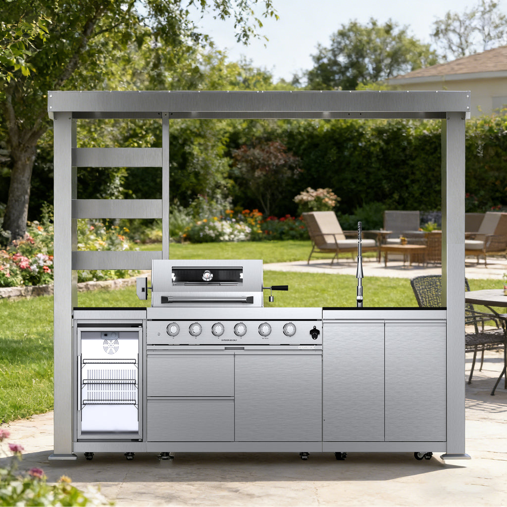 110-Inch 4-Burner 72000 BTU Deluxe Stainless Steel Gas Outdoor Kitchen Bar Barbecue Island Grill  + Wine Cooler Compact Refrigerator + Rotisserie + Granite Countertops + Storage Cabinets & Drawers