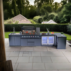62-Inch 6-Burner 96000 BTU Deluxe Stainless Steel Gas Outdoor Kitchen Bar Barbecue Island Grill  + Wine Cooler Compact Refrigerator + Rotisserie + Granite Countertops + Storage Cabinets & Drawers