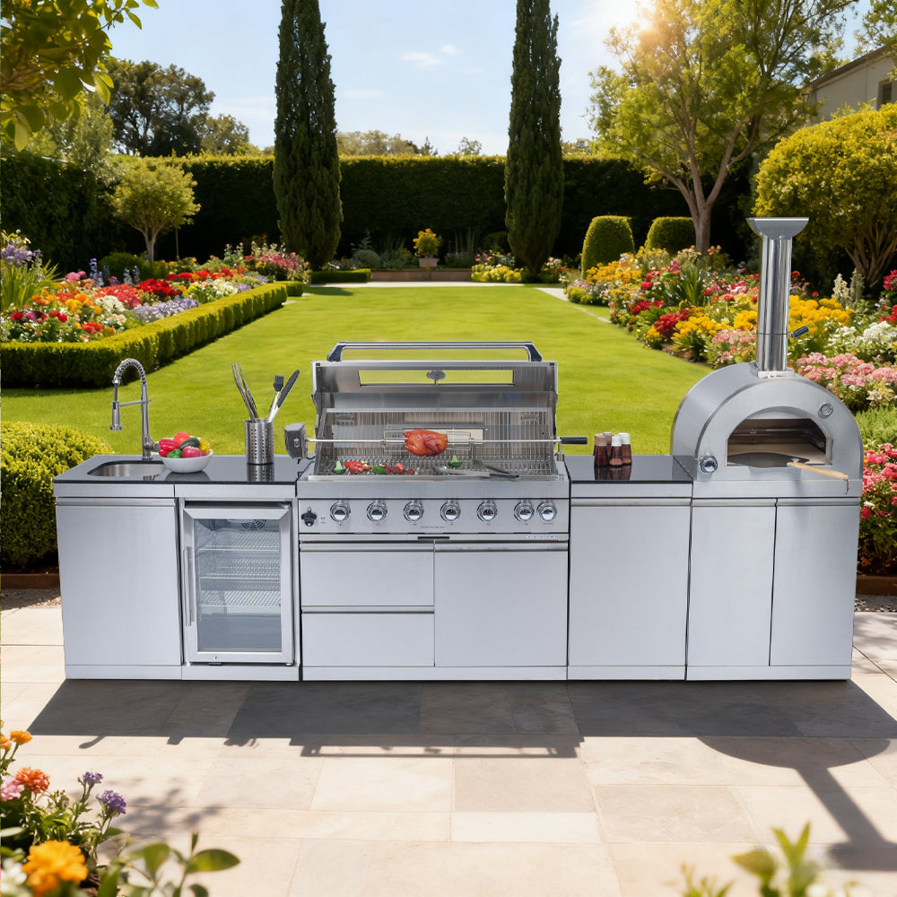 128-Inch 120000- BTU Double Stainless Steel Gas Outdoor Kitchen Bar Barbecue Island Grill+ Pizza oven + Wine Cooler Compact Refrigerator + Rotisserie + Granite Countertops + Storage Cabinets & Drawers