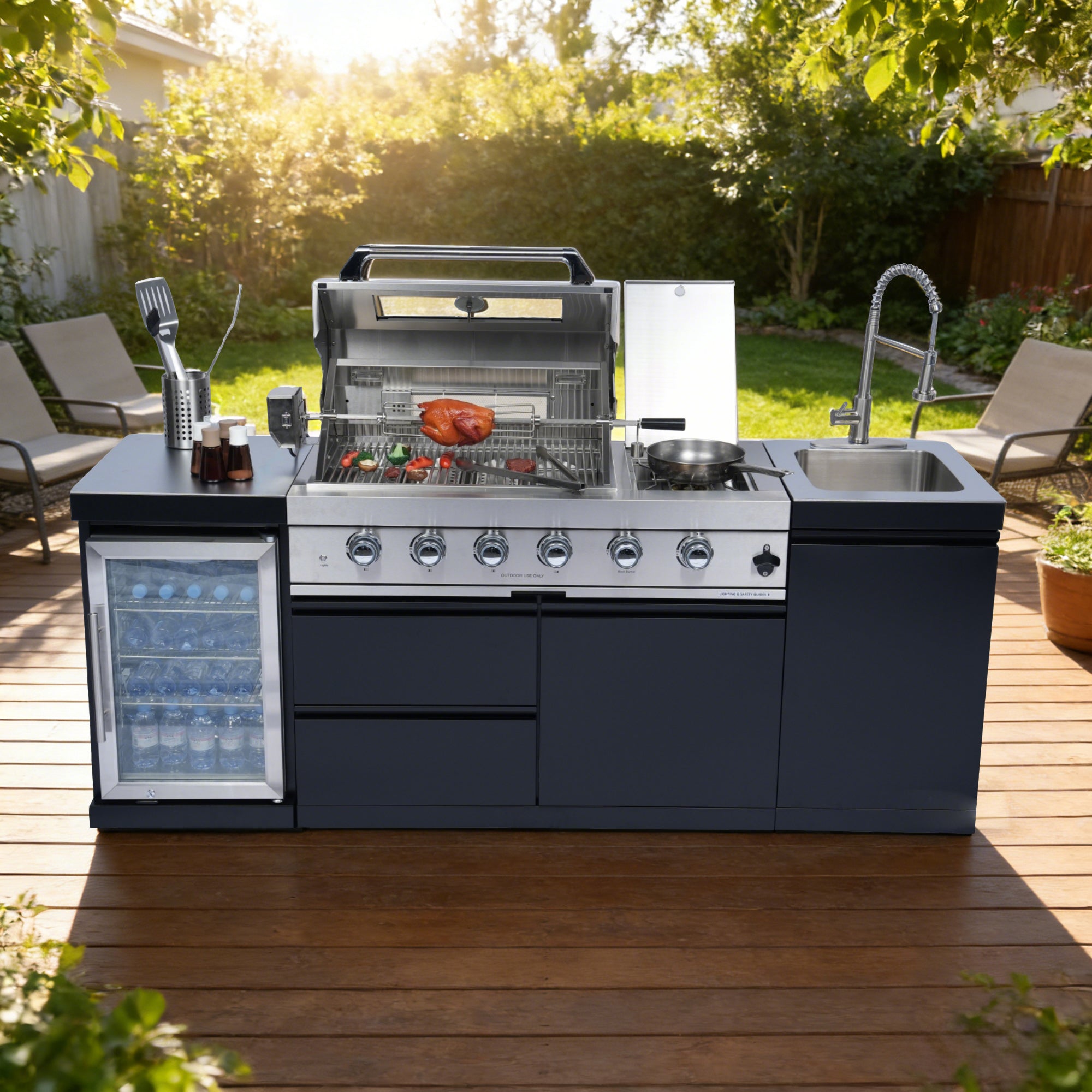 S00051 NG 85-Inch 4-Burner 72000 BTU Deluxe Stainless Steel Gas Outdoor Kitchen Bar Barbecue Island Grill Wine Cooler Compact Refrigerator Rotisserie Stainless Steel Countert Storage Cabinets Drawers