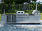 147-Inch 120000- BTU Double Stainless Steel Gas Outdoor Kitchen Bar Barbecue Island Grill+ Pizza oven + Wine Cooler Compact Refrigerator + Rotisserie + Granite Countertops + Storage Cabinets & Drawers