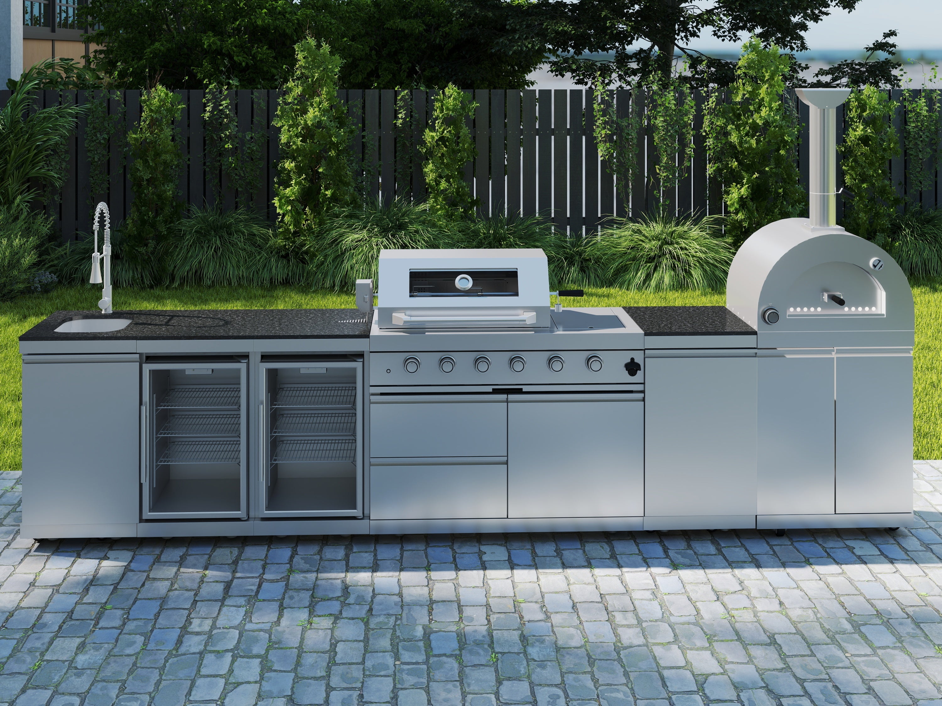 147-Inch 120000- BTU Double Stainless Steel Gas Outdoor Kitchen Bar Barbecue Island Grill+ Pizza oven + Wine Cooler Compact Refrigerator + Rotisserie + Granite Countertops + Storage Cabinets & Drawers
