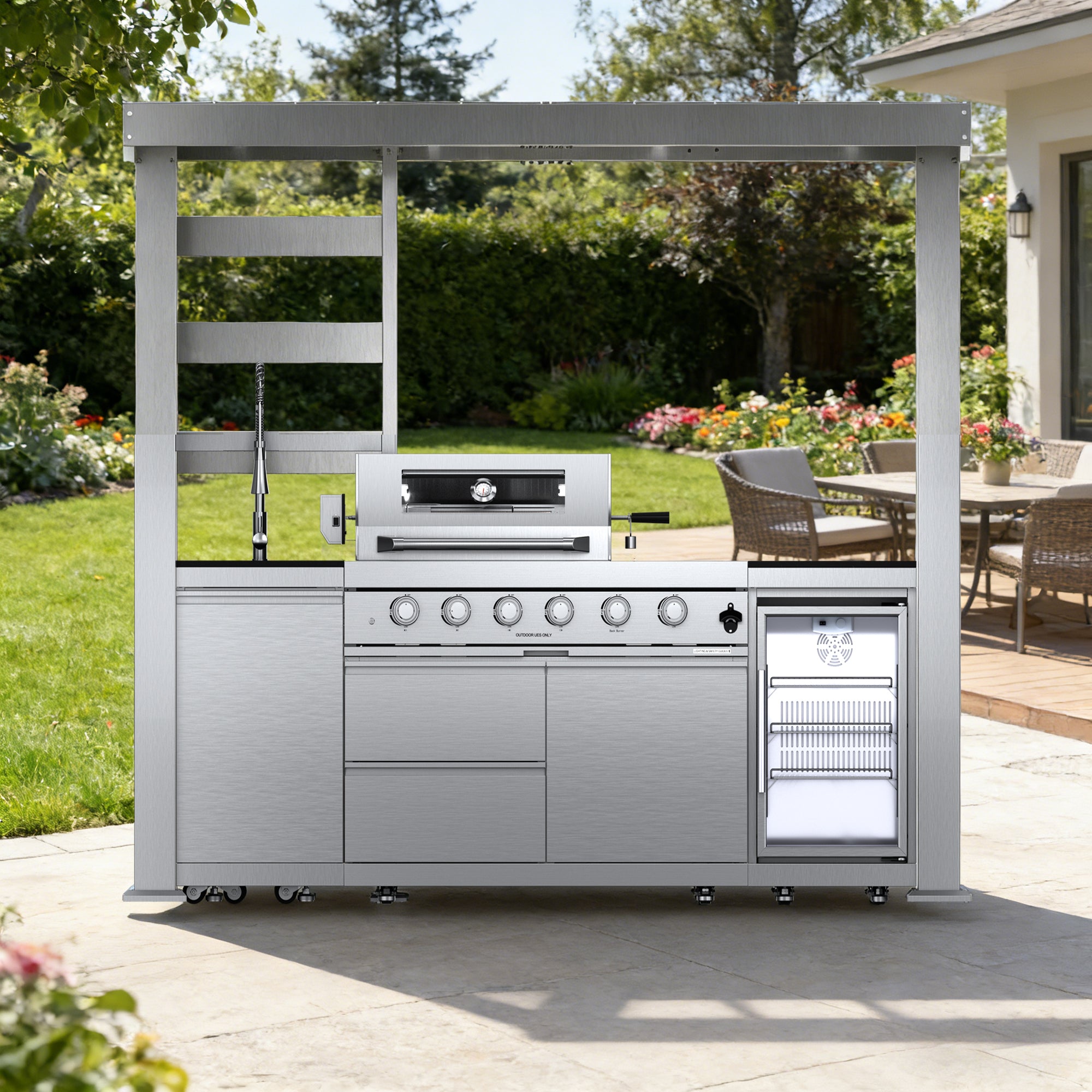 NG - 97-Inch 4-Burner 72000 BTU Deluxe Stainless Steel Gas Outdoor Kitchen Bar Barbecue Island Grill  + Wine Cooler Compact Refrigerator + Rotisserie + Granite Countertops + Storage Cabinets & Drawers