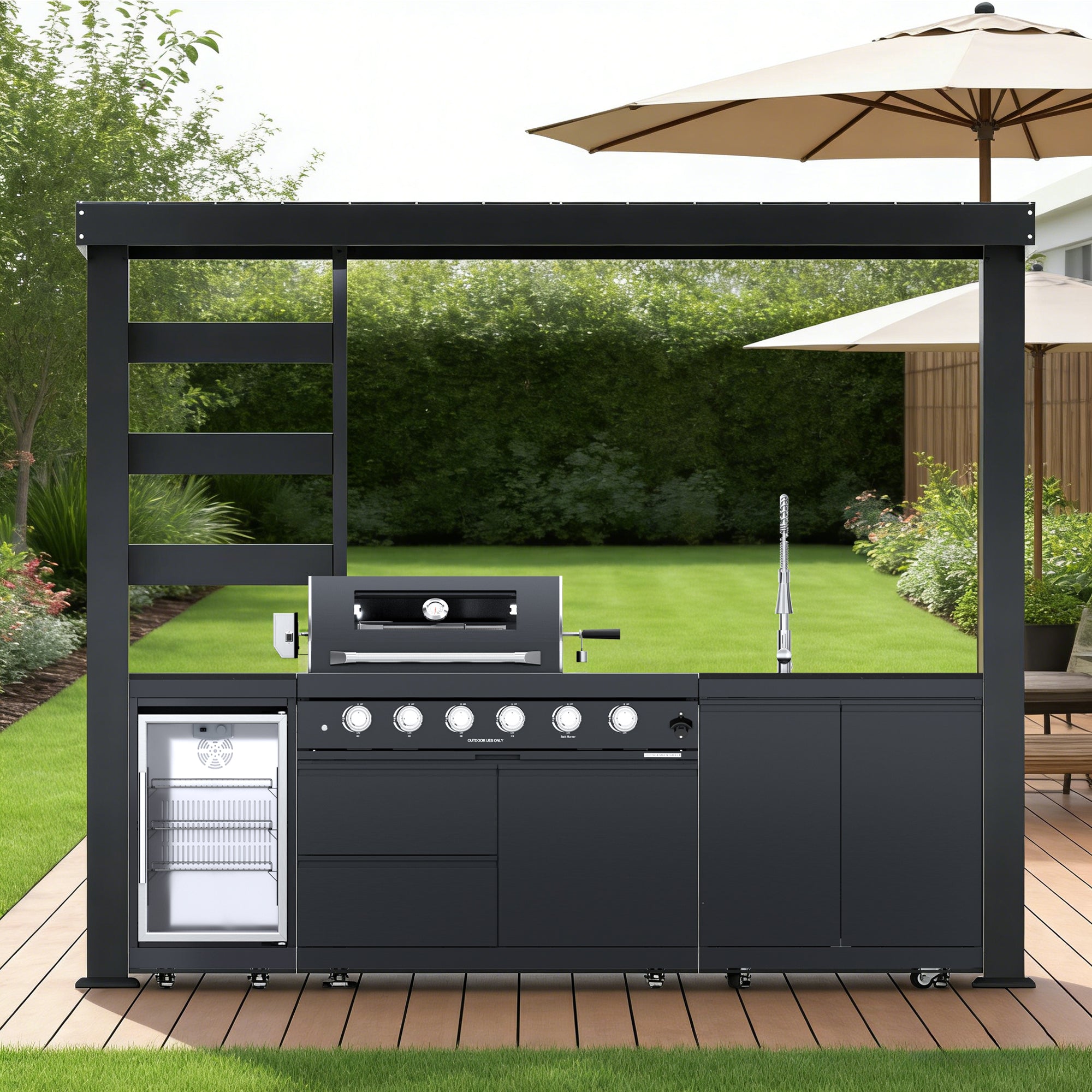 NG-110-Inch 4-Burner 72000 BTU Deluxe Stainless Steel Gas Outdoor Kitchen Bar Barbecue Island Grill  + Wine Cooler Compact Refrigerator + Rotisserie + Granite Countertops + Storage Cabinets & Drawers